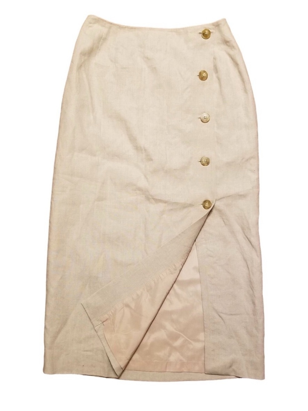 Valerie Stevens Cream Front/Side Button Slit Lined 100% Linen Midi Skirt